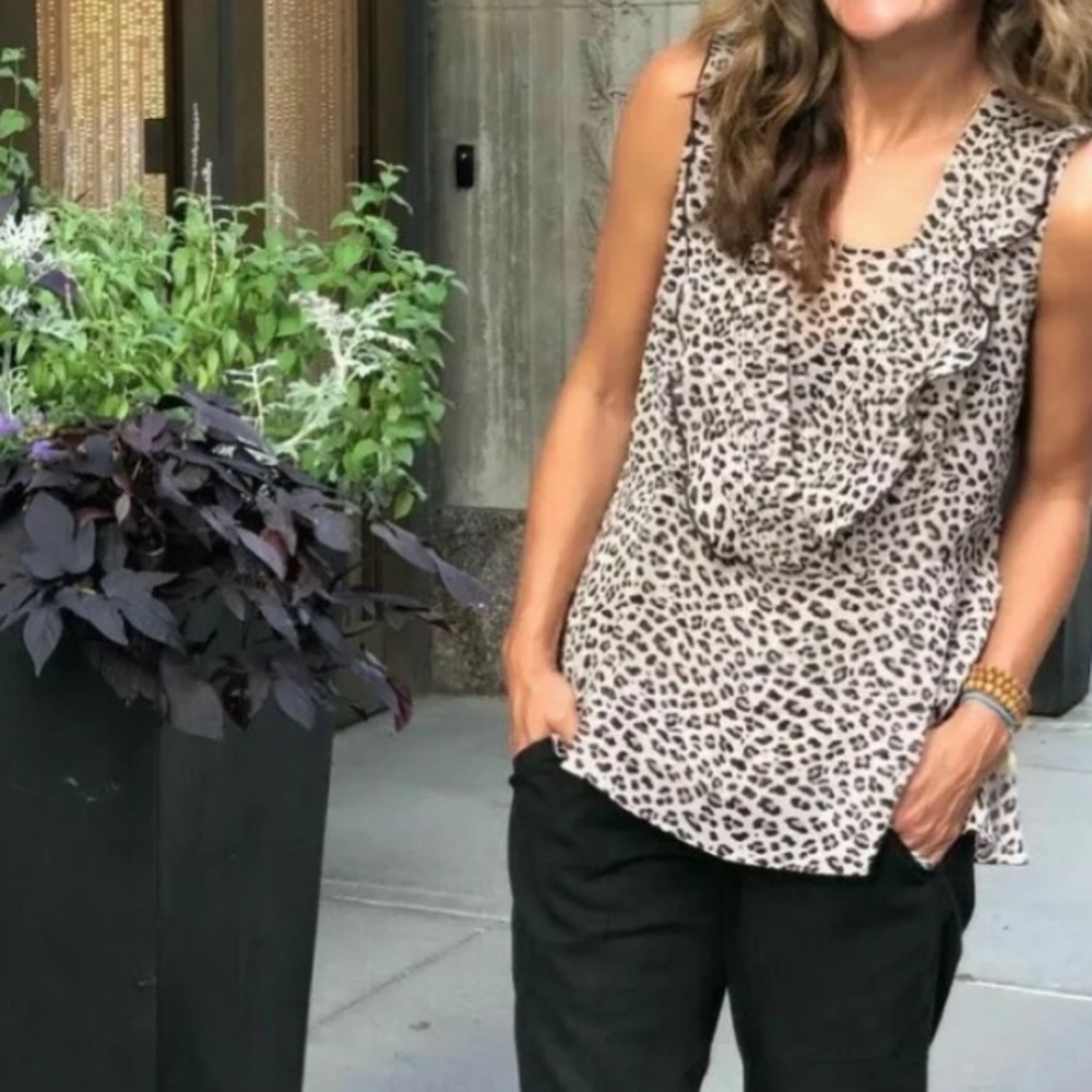 CAbi Cheetah Print Top Sheer Animal Print Chiffon Layered Flutter Tank #3612